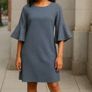 J.Crew Shift Dress 100% Cotton 6 Blue Striped Bell Sleeve
